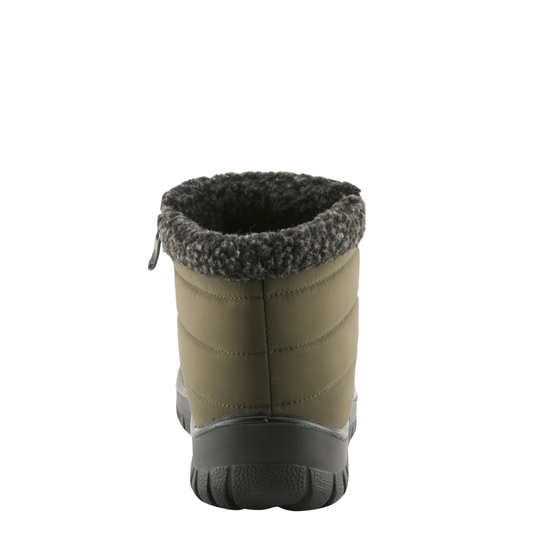 A single winter boot shown from the back on a plain white background. The boot has an olive green quilted outer body, a dark gray fuzzy fleece collar, and a dark gray sole.