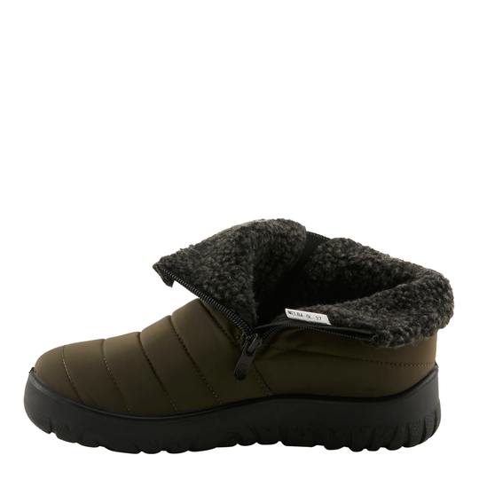 An olive green winter slipper boot with a black sole, black zipper, and a dark gray fuzzy fleece lining, shown from a side profile on a white background.