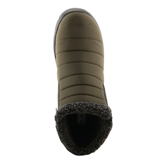 A single winter boot shown from a top-down view on a plain white background. The boot is olive green with horizontal quilting on the upper, a dark gray textured fleece lining at the ankle opening, and a dark gray sole.