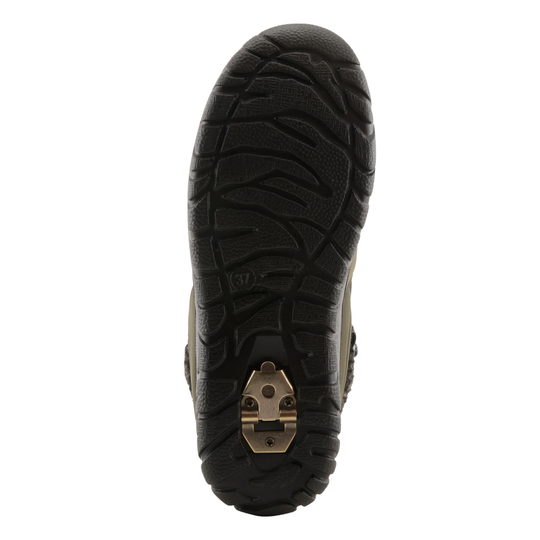 Top-down view of a boot sole, showing a black treaded rubber outsole with a gold metal heel component, set against a plain white background.