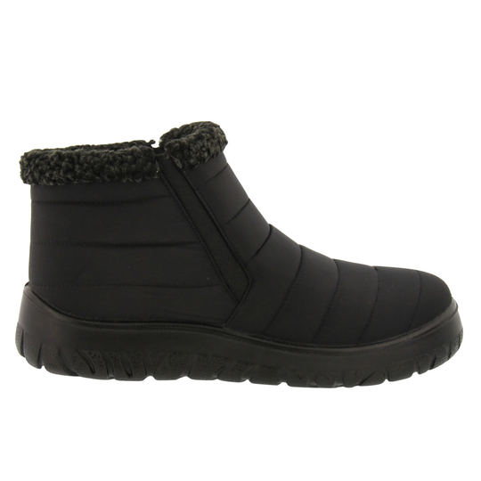 A single black winter ankle boot with a textured, ribbed synthetic upper, a fuzzy black faux-fur collar, and a thick black sole, shown in profile against a plain white background.