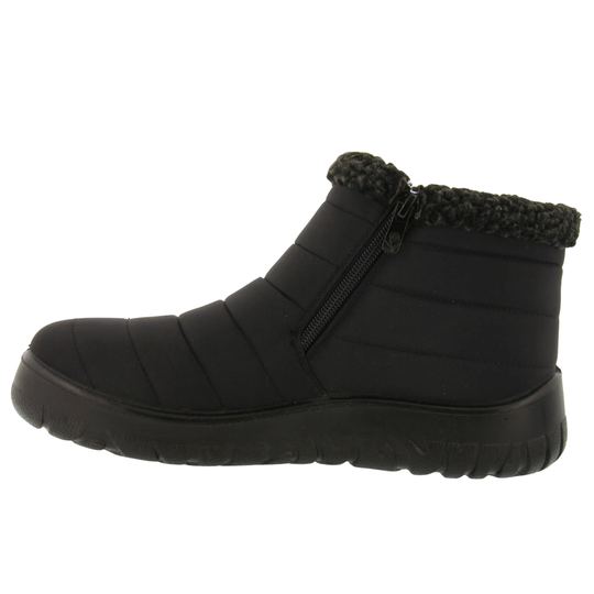 A single black winter ankle boot with a textured, ribbed synthetic upper, a fuzzy black faux-fur collar, and a thick black sole, shown in profile against a plain white background.