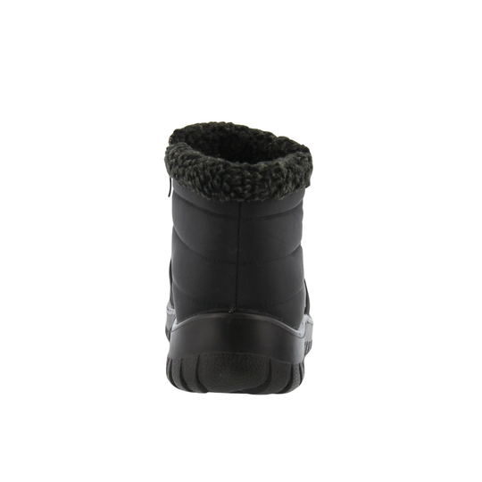 A single black winter ankle boot with a textured, ribbed synthetic upper, a fuzzy black faux-fur collar, and a thick black sole, shown in profile against a plain white background.