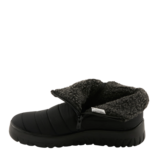 A black winter boot with a plush dark gray sherpa lining, shown from a side profile view against a solid white background.