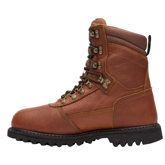 A brown leather lace-up work boot with brass eyelets and a black rubber sole, shown from a side profile on a white background.