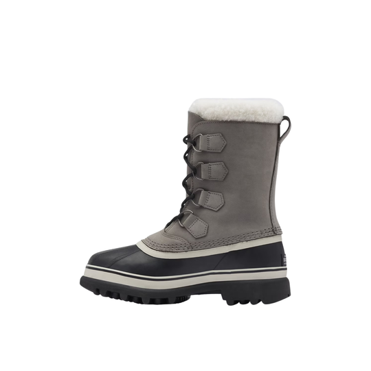 A single mid-calf winter boot in gray suede with a black rubber toe cap and sole, featuring a white faux-fur collar, lace-up front, and hexagonal lace details, shown against a plain white background.