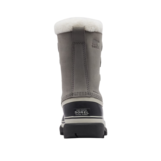 A single gray Sorel mid-calf winter boot shown from the back, featuring a white faux-fur collar, a dark navy heel counter with the Sorel logo, and a black sole, set against a plain white background.