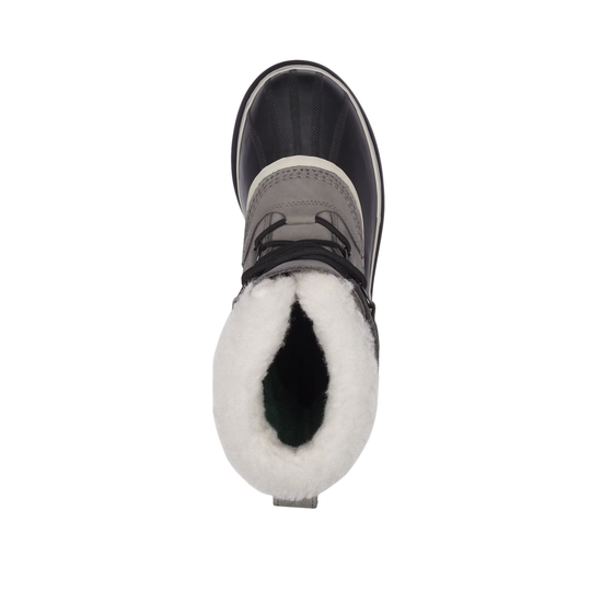 A top-down view of a winter boot with a black leather upper, gray lace-up detailing, and a thick white faux-fur collar, shown against a plain white background.