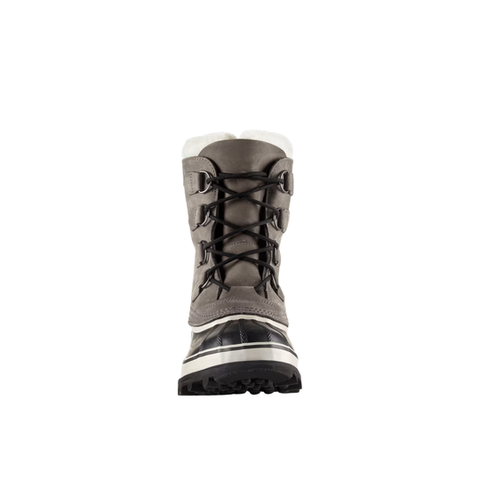 A single gray winter boot with black laces, a white faux-fur collar, and a black and white sole, shown from a front-facing perspective on a solid white background.