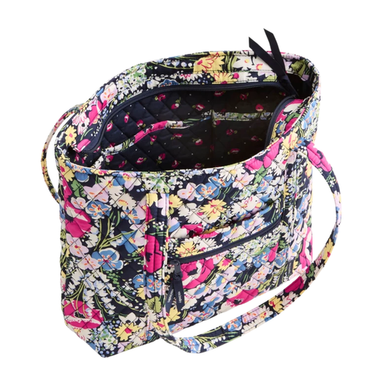 Vera Bradley Small Original Vera Tote - Poppy Fields in Premium Cotton on a plain white background. Zipper is open showing the pattern interior. 