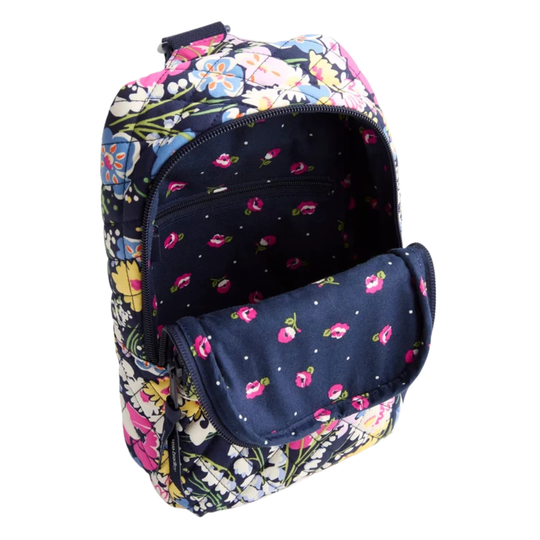 Vera Bradley Lorman Sling Backpack - Poppy Fields in Premium Cotton on a plain white background. Zipper open showing patterned interior. 