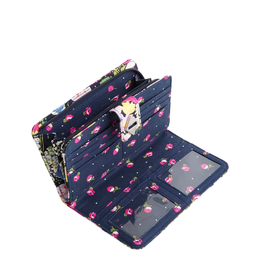 Navy blue wallet with colorful floral pattern on a white background