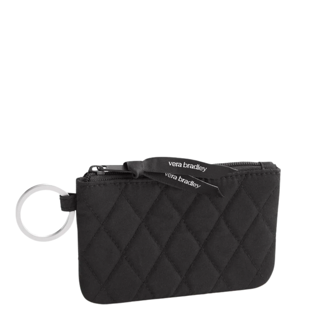A black quilted Vera Bradley zippered pouch with a silver key ring attachment, shown on a plain white background.