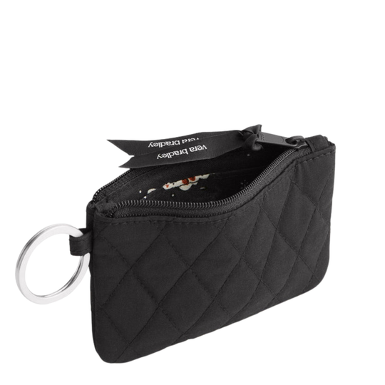 Black quilted coin purse with key ring on a white background