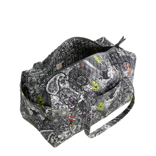A zippered duffel bag with a black, white, and gray paisley pattern and small lime green and red accents, shown on a plain white background.