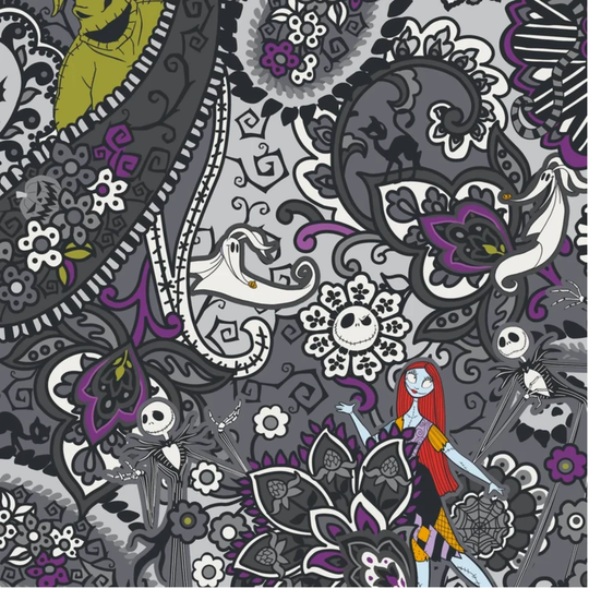 A repeating illustrated pattern featuring characters and motifs from The Nightmare Before Christmas, including Sally, Jack Skellington, and small skeletons, rendered in grayscale with purple, olive green, and red accents.