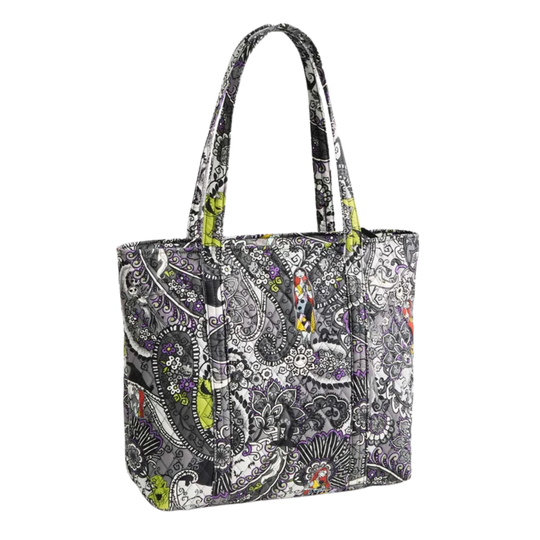 A tote bag with a detailed paisley and floral pattern in black, white, gray, purple, and lime green, featuring dual shoulder straps, shown against a plain white background.