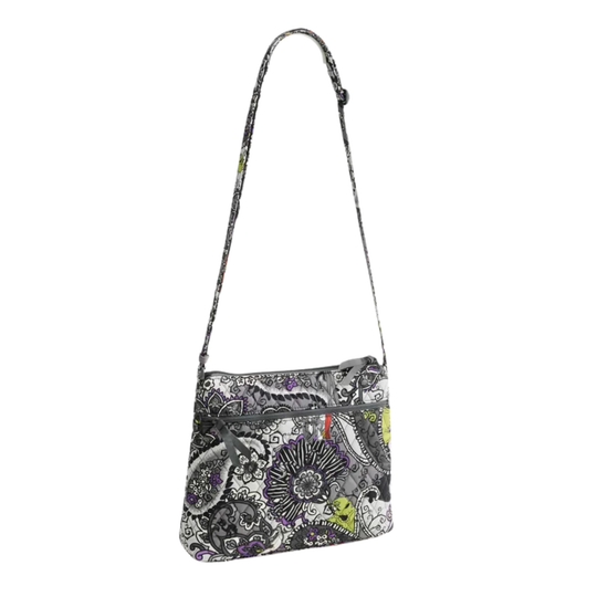 A small shoulder bag with a black, white, and gray paisley pattern accented with purple, lime green, and orange details, featuring a matching patterned strap on a white background.
