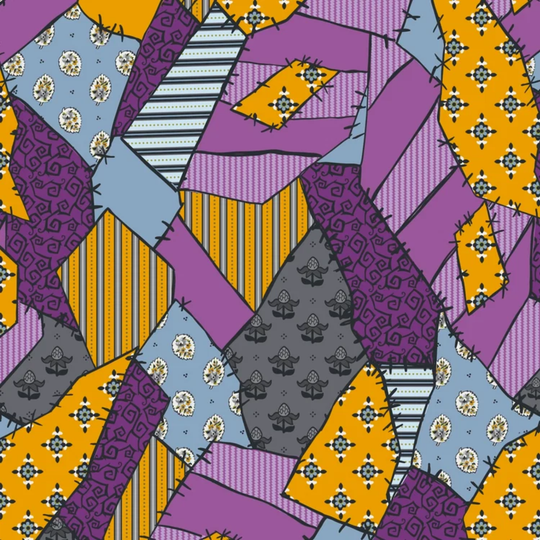A repeating abstract patchwork pattern made of irregular shapes in purple, orange, light blue, gray, and black, with striped, floral, and dotted textures.