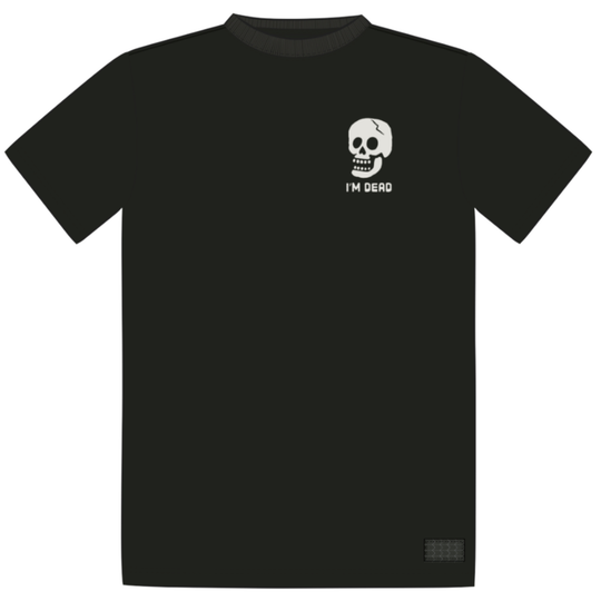 A black short-sleeve crewneck t-shirt featuring a small white graphic of a skull with a bandage and the text 'I'M DEAD' printed on the left chest.