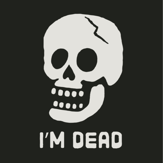 A stylized white skull graphic with a crack on its forehead above the text 'I'M DEAD' in white lettering on a black background.