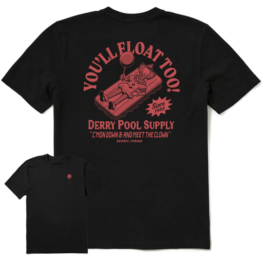 Black t-shirt with clown laying down graphic and 'you'll float too!' text on a white background