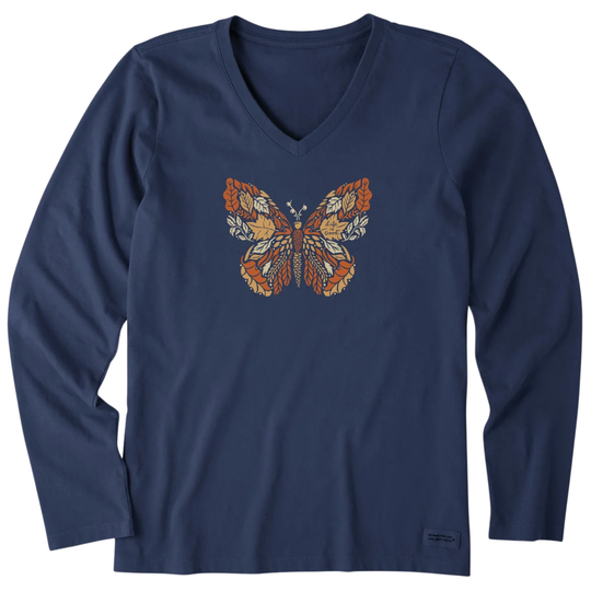 A navy blue long-sleeve V-neck t-shirt featuring a detailed butterfly graphic on the chest in orange, beige, and white, displayed against a solid white background.