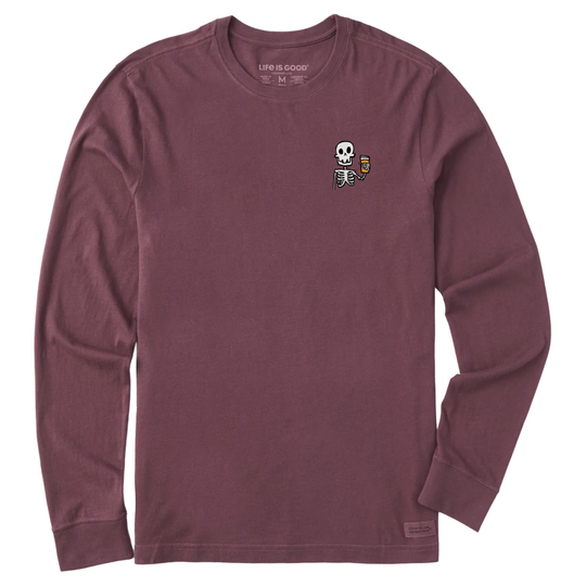Maroon long-sleeve shirt with graphic design on a plain white background
