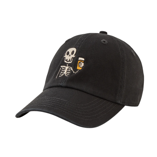 A black baseball cap featuring an embroidered cartoon skeleton holding a beer mug on the front, set against a plain white background.