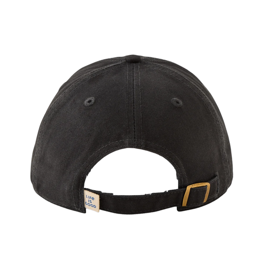 Rear view of a black washed baseball cap with an adjustable strap and a gold buckle, on a white background.