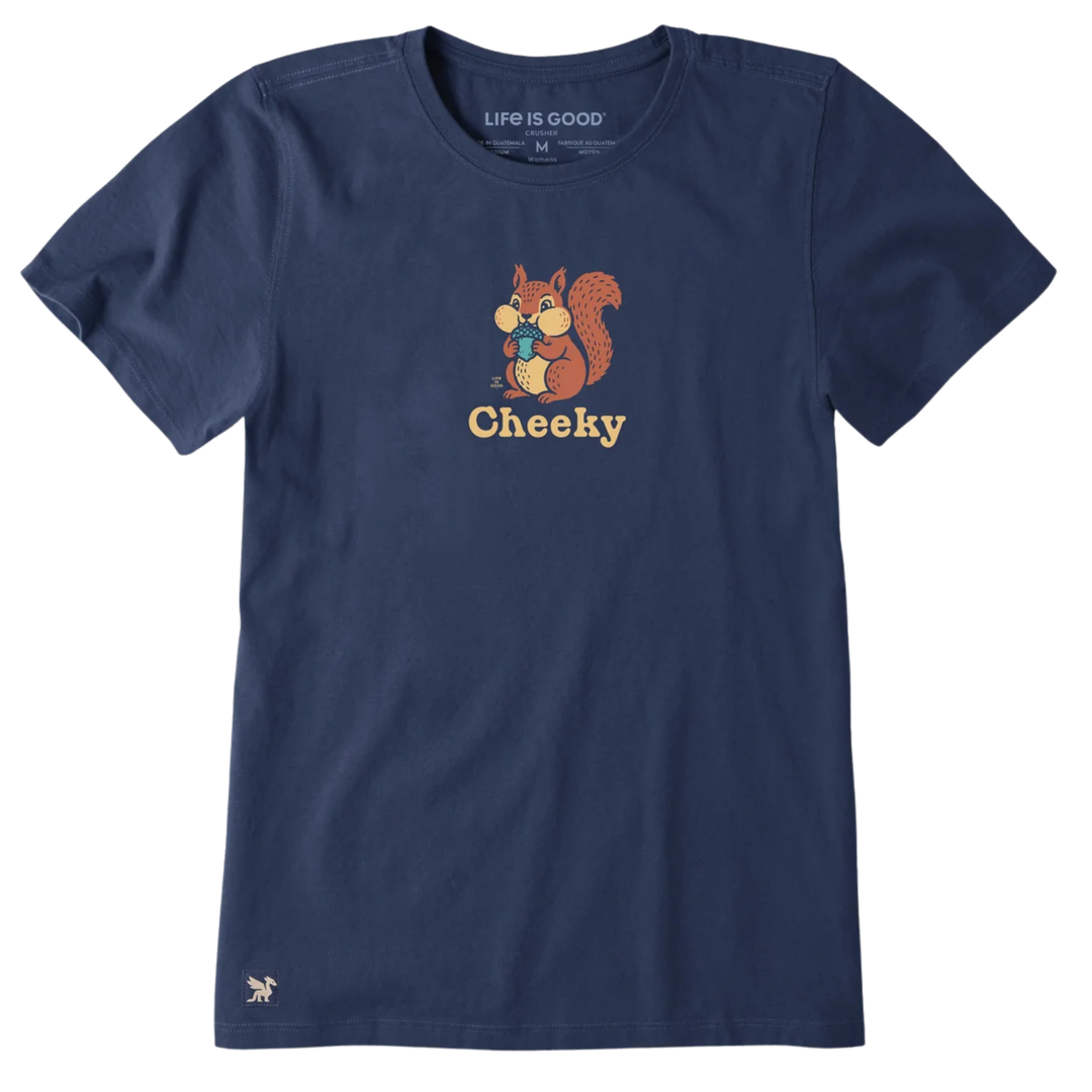 A navy blue short-sleeve crewneck t-shirt featuring a cartoon graphic of a cheeky squirrel holding a green apple, with the word 'Cheeky' printed below in a yellow retro font. The brand 'Life is Good' is visible on the inner neck label.