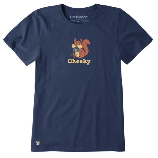A navy blue short-sleeve crewneck t-shirt featuring a cartoon graphic of a cheeky squirrel holding a green apple, with the word 'Cheeky' printed below in a yellow retro font. The brand 'Life is Good' is visible on the inner neck label.