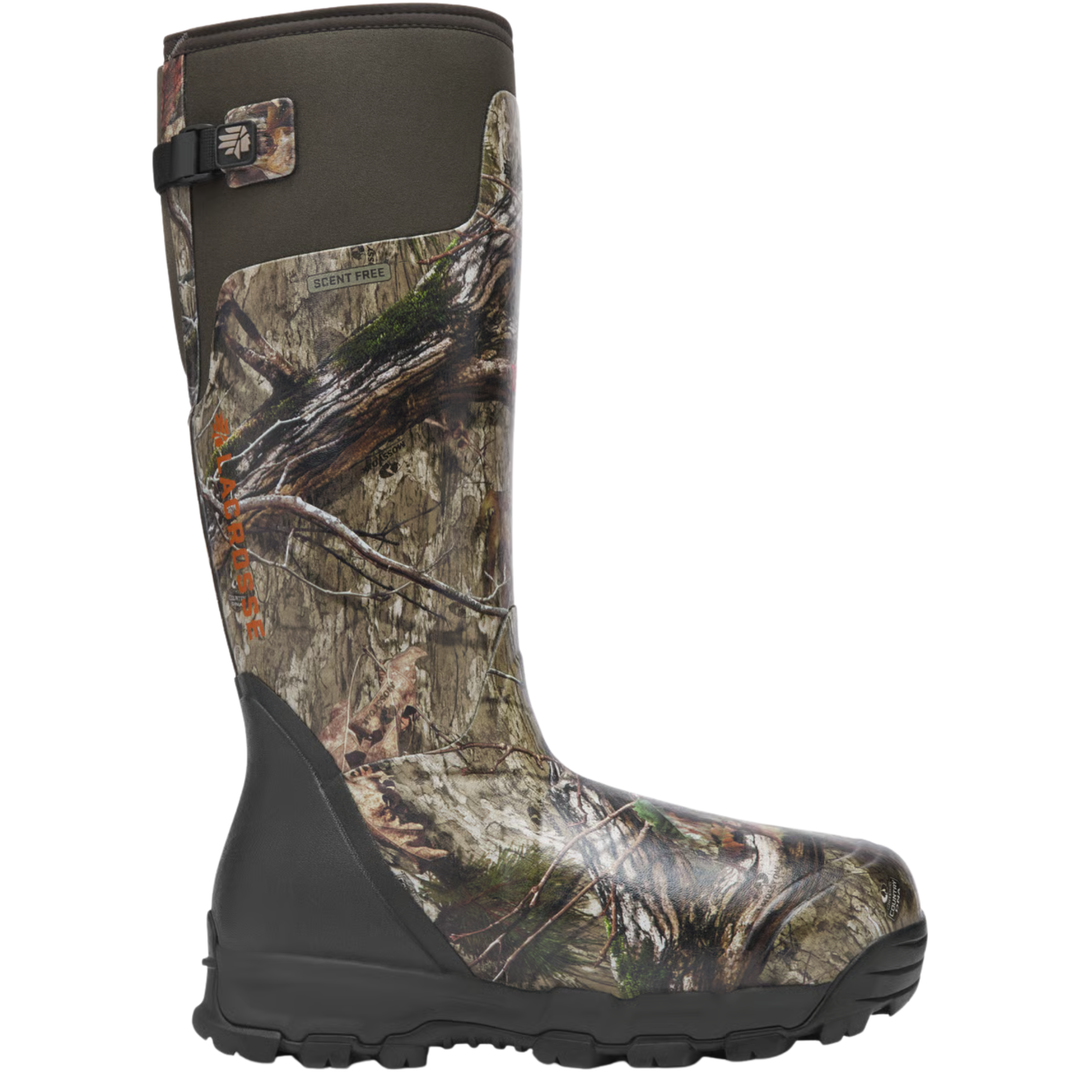 A single tall hunting boot with a realistic woodland camouflage pattern, featuring a dark brown upper collar, a black sole, and a side buckle strap.