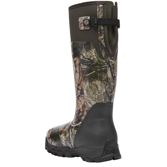 A single tall hunting boot shown in side profile on a plain white background. The boot features a Realtree camouflage pattern on the main shaft and toe area, with an olive green upper collar and a black rubber sole and heel.