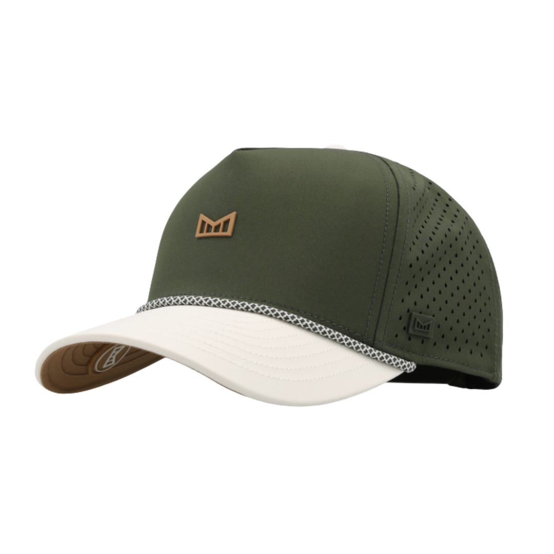An olive green and off-white baseball cap with a brown leather logo patch on the front and a silver chain detail along the brim's edge, shown against a plain white background.