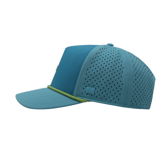A teal blue athletic baseball cap with perforated side panels, a matching curved brim, and a thin lime green accent line along the edge of the brim, shown against a plain white background.