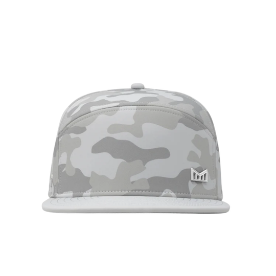 A structured flat-brim cap featuring a light gray and white camouflage pattern, with a small white square logo patch on the side, set against a plain white background.