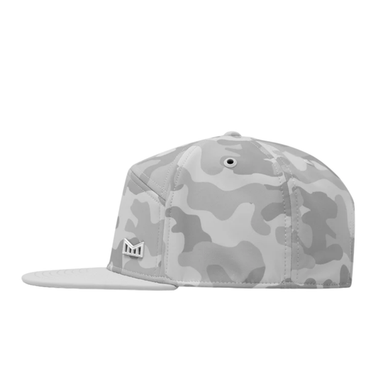 A light gray and white camouflage flat-brim cap with a small white embroidered logo on the side, shown against a plain white background.