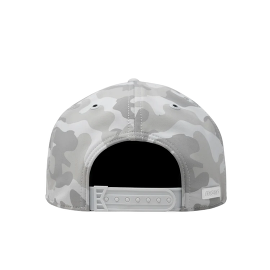 The back of a gray and white camouflage snapback cap, featuring a structured crown, ventilation eyelets, and an adjustable plastic snapback closure with a small brand tag on the right side.