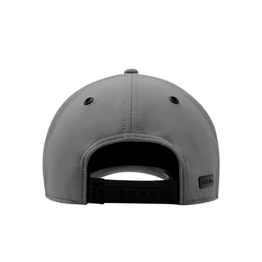 A gray structured baseball cap shown from the back, featuring a black adjustable strap and a small black brand patch on the side, set against a plain white background.