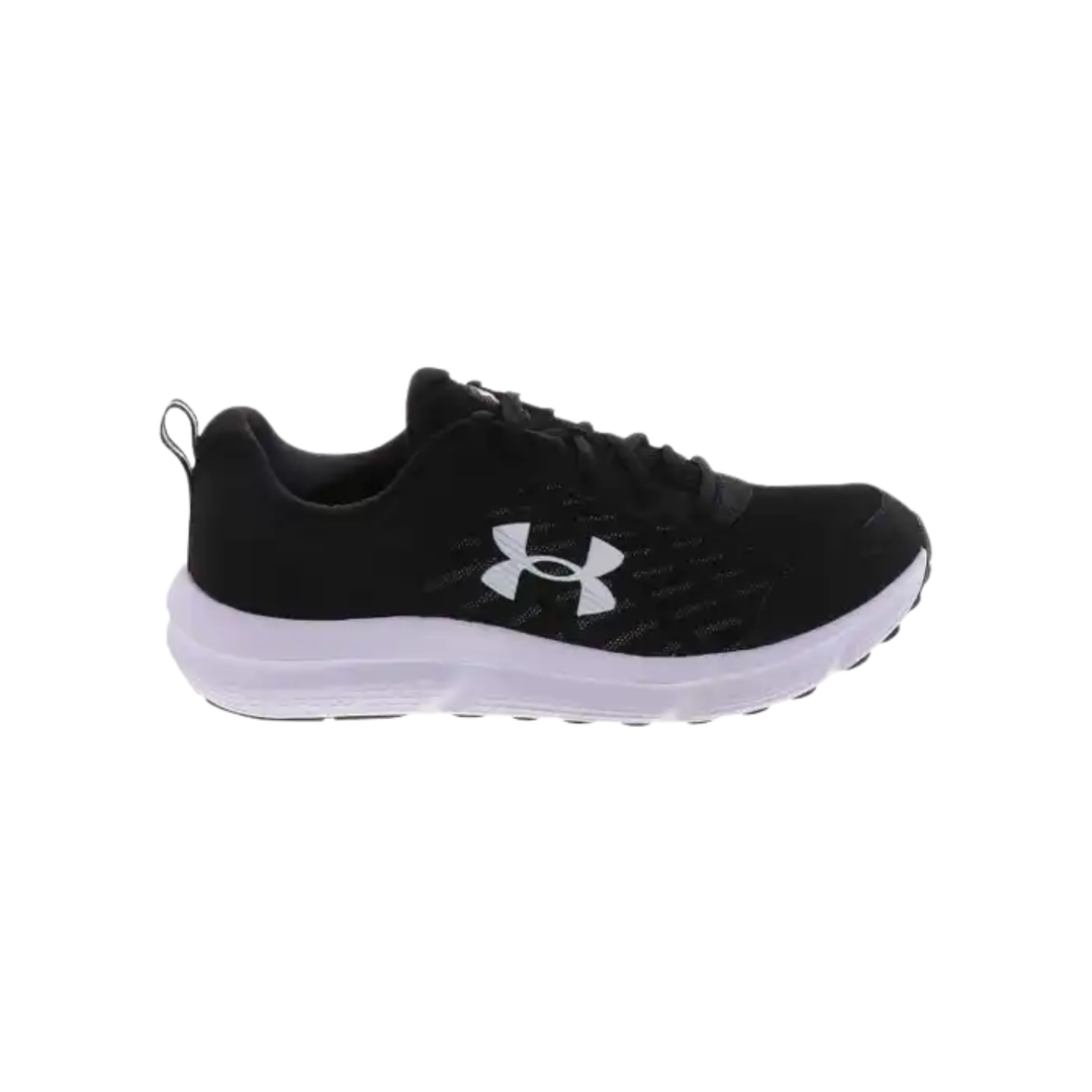 A black Under Armour athletic shoe with a white midsole and a white logo on the side, shown in profile against a plain white background.