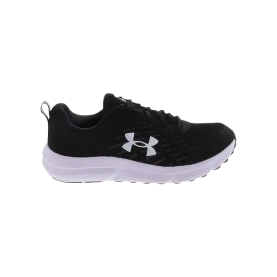 A black Under Armour athletic shoe with a white midsole and a white logo on the side, shown in profile against a plain white background.