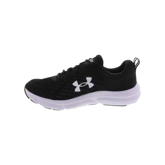 A black Under Armour athletic shoe with a white logo on the side, black laces, and a thick white midsole, shown against a plain white background.
