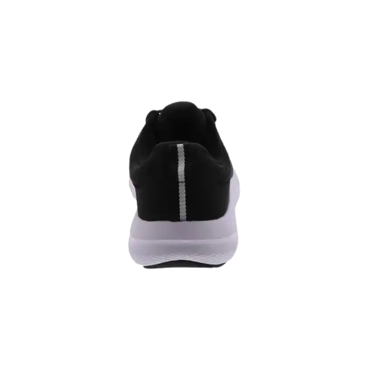 A black athletic sneaker shown from the rear, featuring a thick white midsole and a vertical silver reflective stripe on the heel.