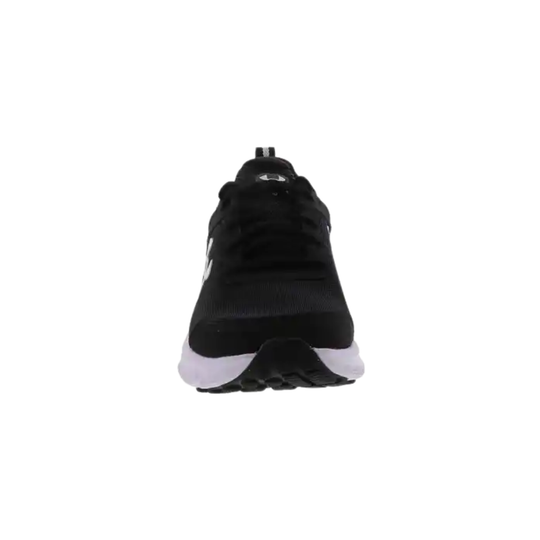 A black athletic sneaker shown from the back, featuring a black mesh upper, black laces, a white midsole, and a black outsole.