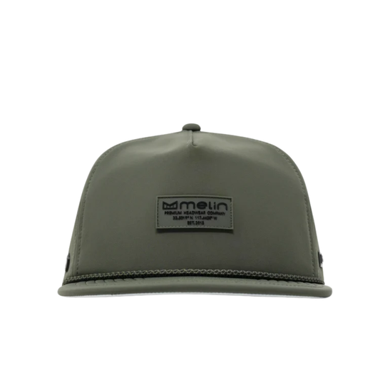 An olive green flat-brim cap with a black rectangular 'melin' brand patch on the front, shown against a plain white background.