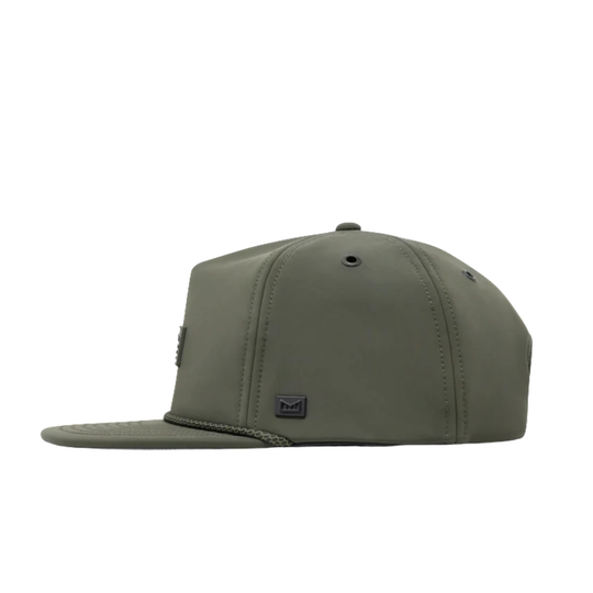 An olive green flat-brim cap shown from a side profile view against a solid white background.
