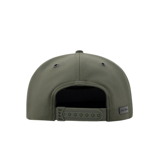 The back view of an olive green snapback cap on a solid white background, showing the adjustable strap and a small brand tag on the side.