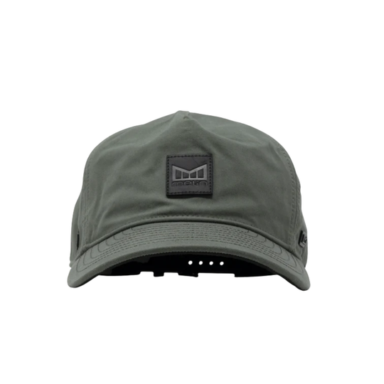 An olive green five-panel baseball cap with a black rectangular logo patch on the front that reads 'melin'. The cap is photographed from the front against a solid white background.