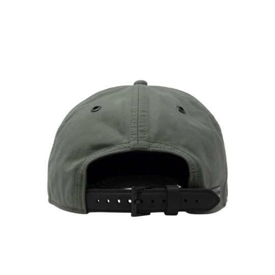 Back of an olive green five-panel baseball cap with a black leather strap. The cap is photographed from the back against a solid white background.